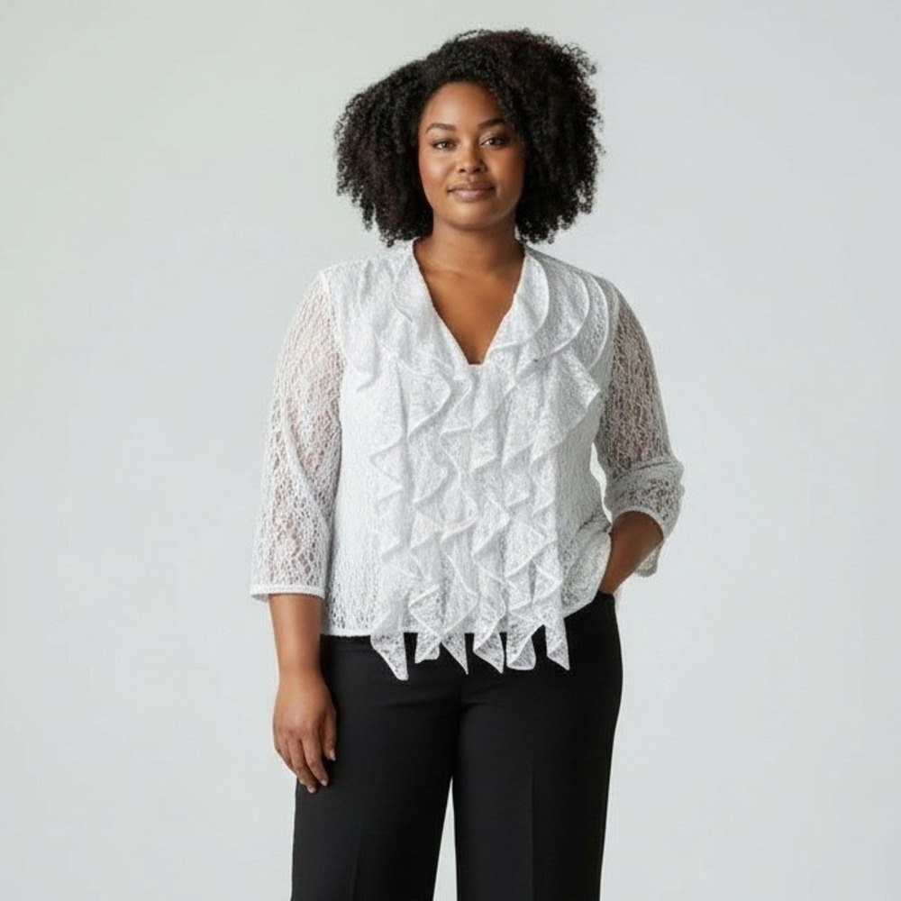 ASHRO White Lace‎ Ruffle Front 3/4 Sleeve Blouse Plus Size 26W Party Formal